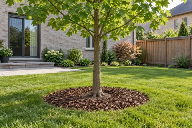 Flat bark-mulch ring around a young tree with the trunk flare clear