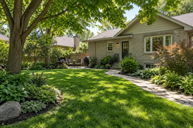 Shaded backyard lawn with curved planting beds and a stone path