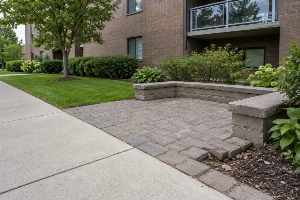 Localized settled paver edges in a courtyard seating recess beside a sound concrete walkway and maintained planting.