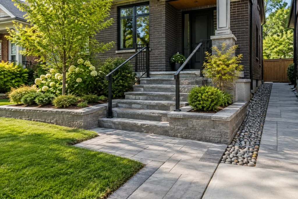 Railed stone entry steps with a separate river-stone drainage strip beside the walking route.
