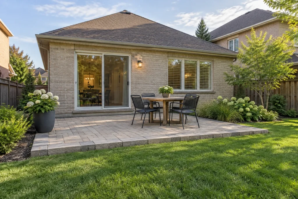 Four-chair dining table on a small backyard terrace beside a clear route to the lawn