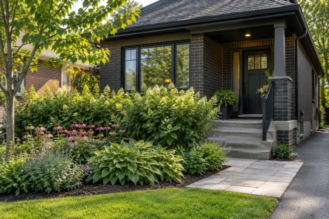 Open garden with taller shrubs behind lower perennials