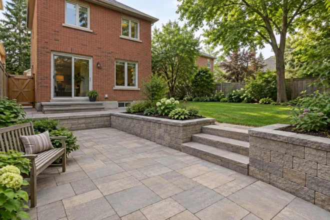 Broad patio steps connect with a low block retaining wall and higher lawn