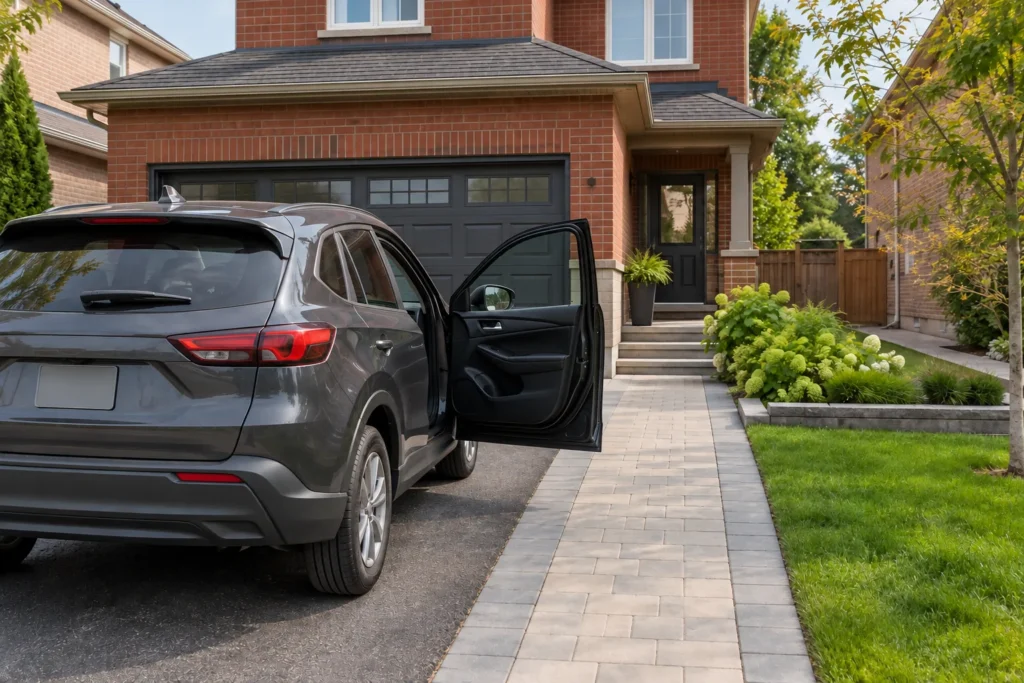 Parked vehicle with passenger door open beside a paved front walking strip