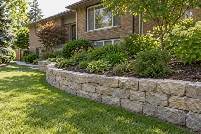 Low limestone wall retains a planted slope beside a modest brick house