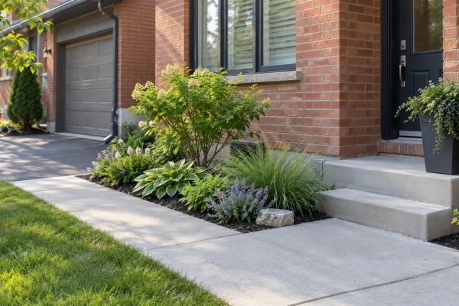 Small townhouse planting bed with a clear edge beside concrete steps