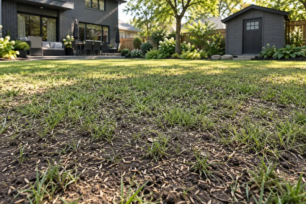Grass seed in contact with lightly prepared soil between thin lawn tufts