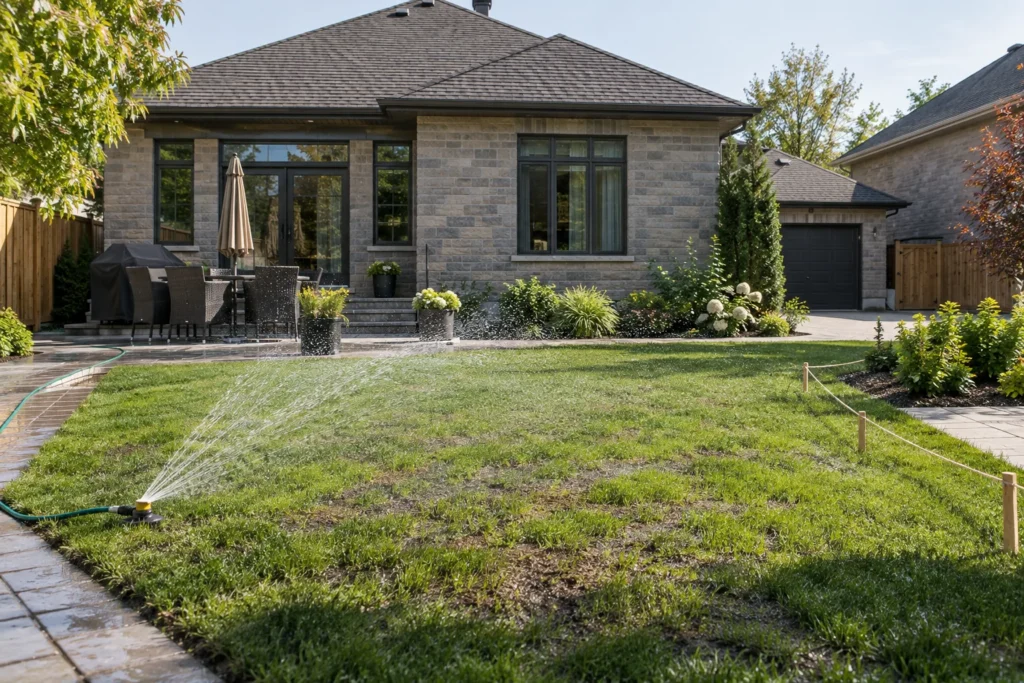 Gentle sprinkler watering on a recovering lawn with a low cord along its edge