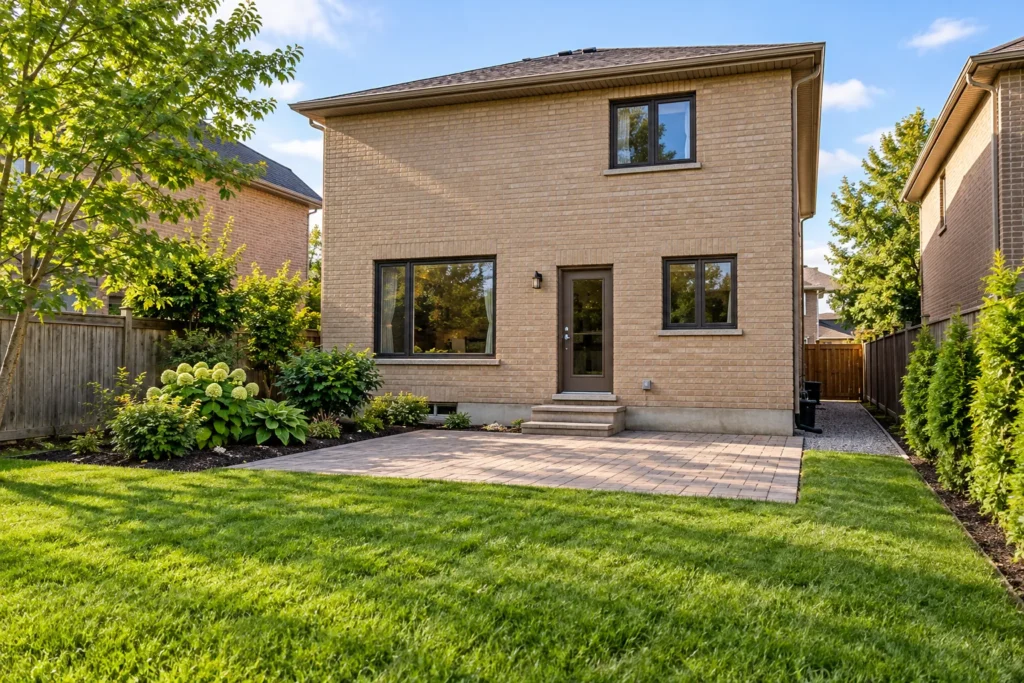 Modest patio, lawn and reachable planting edges behind a buff-brick house