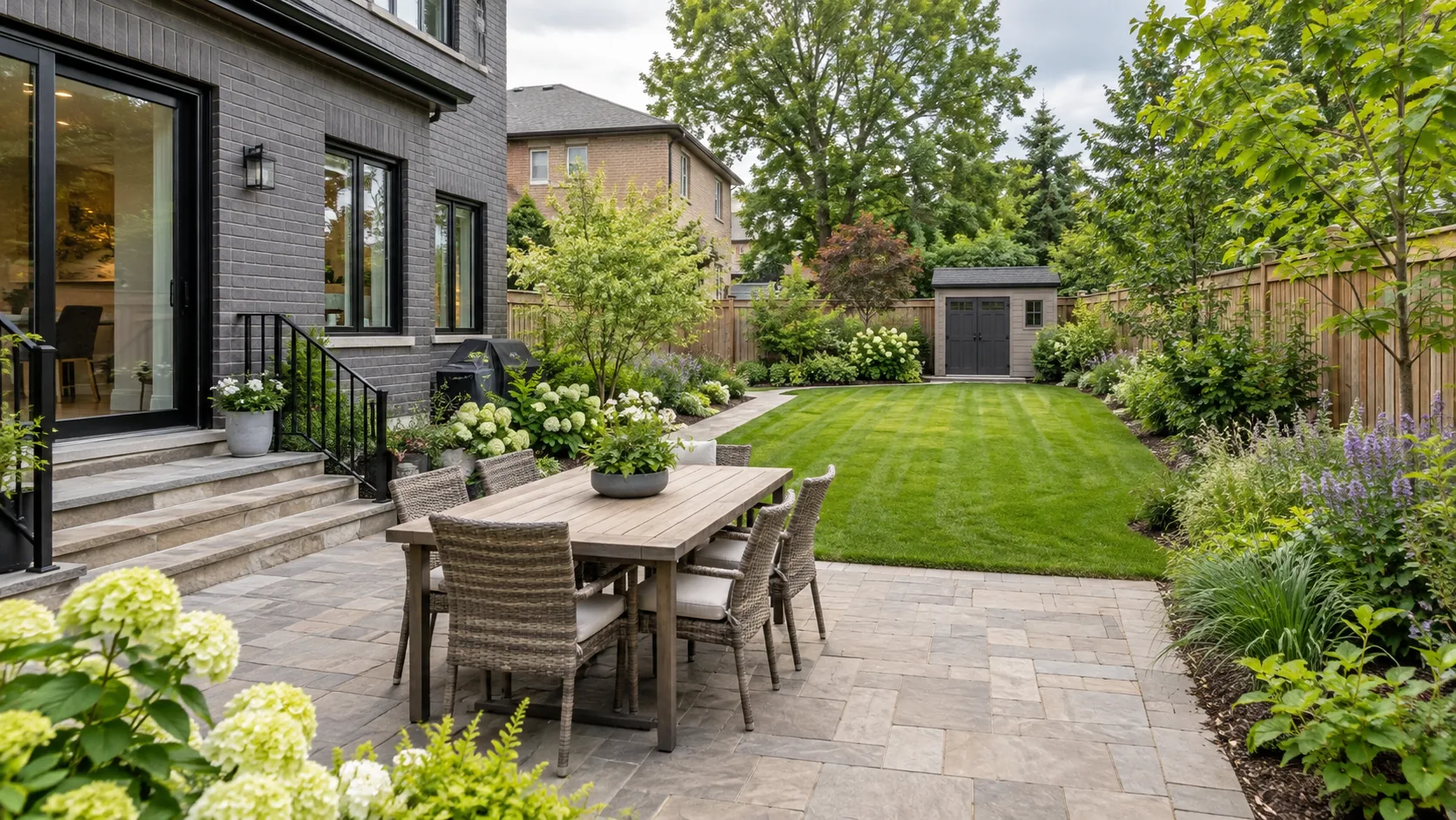 Dining terrace, open lawn and rear storage shed in a charcoal-brick home's backyard