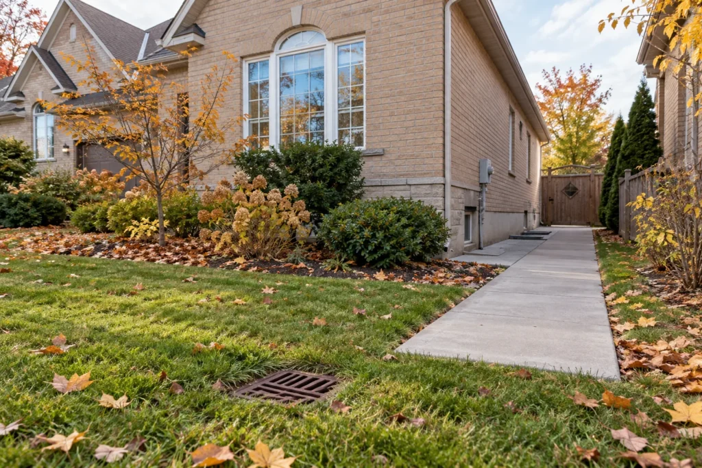 Clear lawn drainage grate beside a beige-brick house and unobstructed concrete side path in autumn.