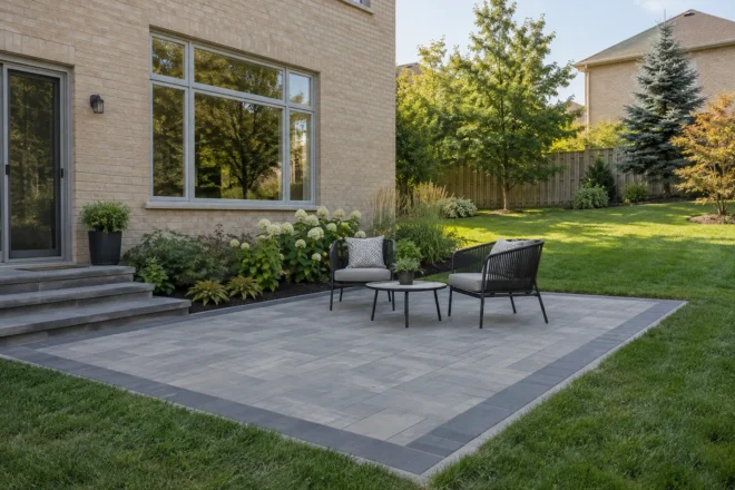 Rectangular grey backyard patio with a dark border, two chairs and lawn beside a buff-brick home