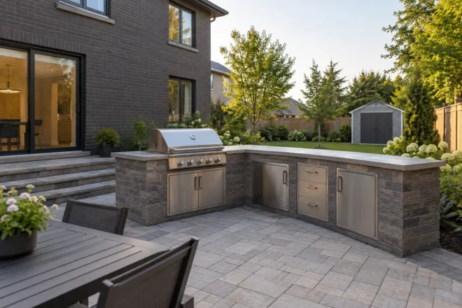 L-shaped outdoor kitchen counter with an unlit grill on a practical paver terrace.