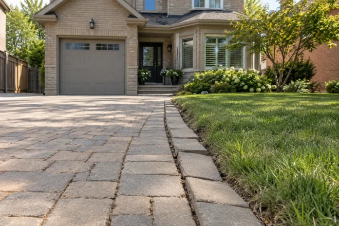 Driveway edge needing reset where border pavers have shifted beside the lawn
