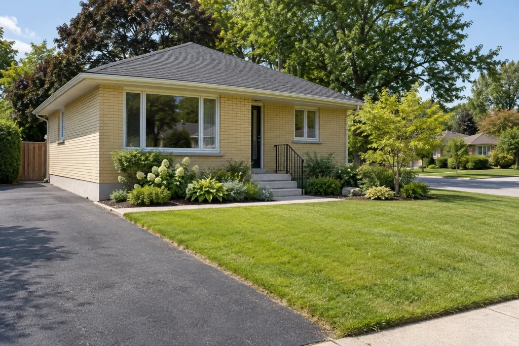 Low planting, open sightlines and snow-storage lawn beside the drive