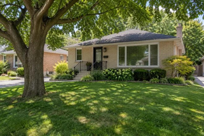Shaded front lawn beneath a mature tree at a cream-brick bungalow