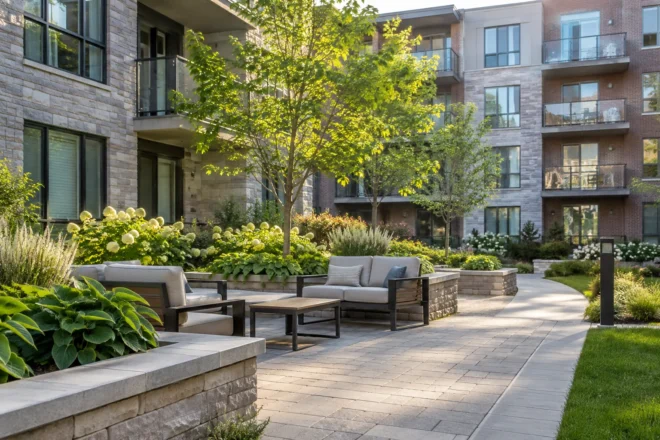 Condo courtyard with practical planting and seating
