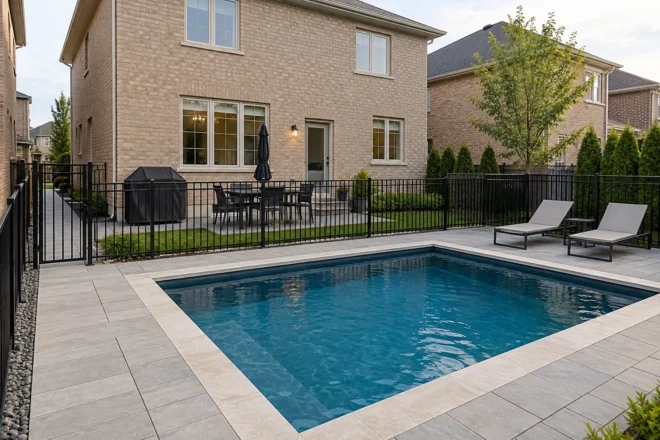 Compact rectangular plunge pool with limestone coping and a clear paved surround