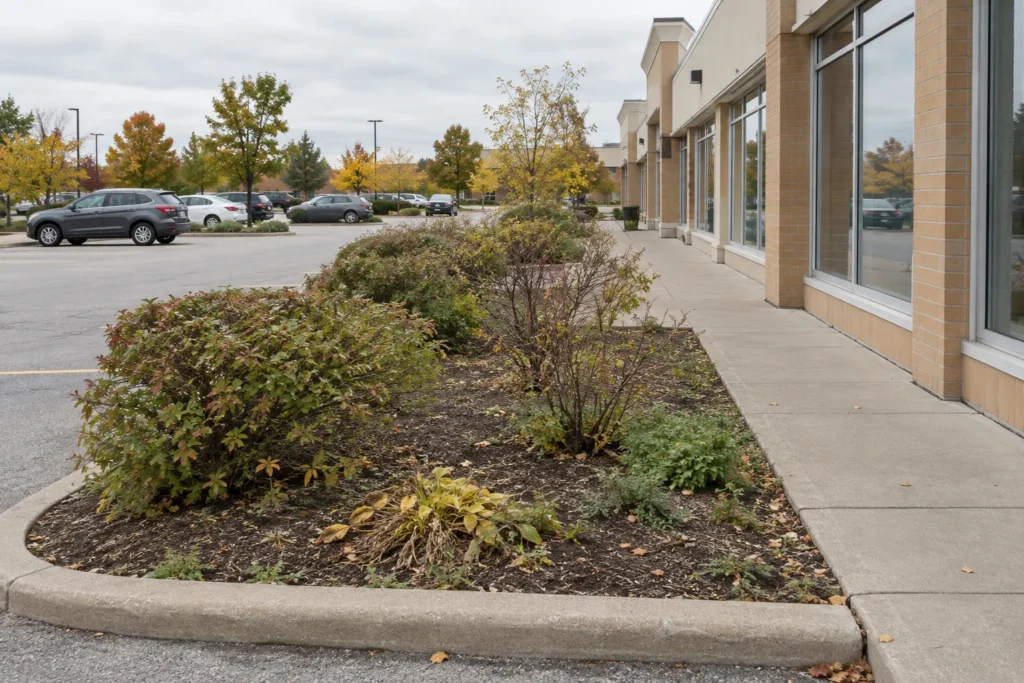 Sparse older planting and patchy mulch beside a clear retail-plaza pedestrian walk.