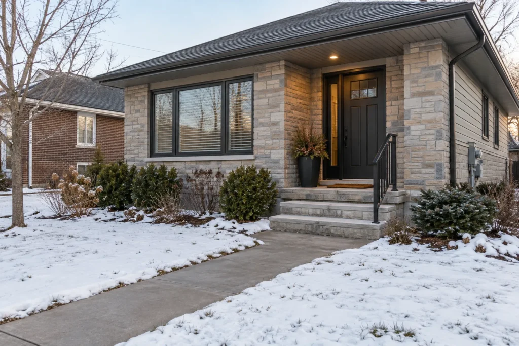 Cleared front steps and a short private walkway