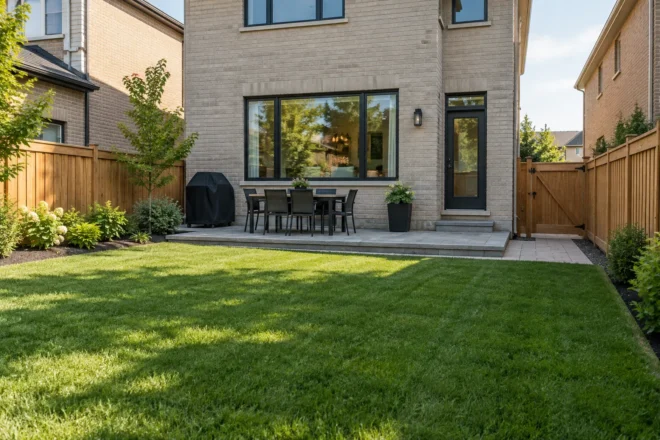 Backyard lawn beside a rear patio and timber side gate