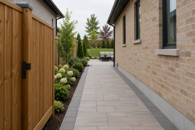 Clear paver side approach linking a timber gate with a rear seating terrace
