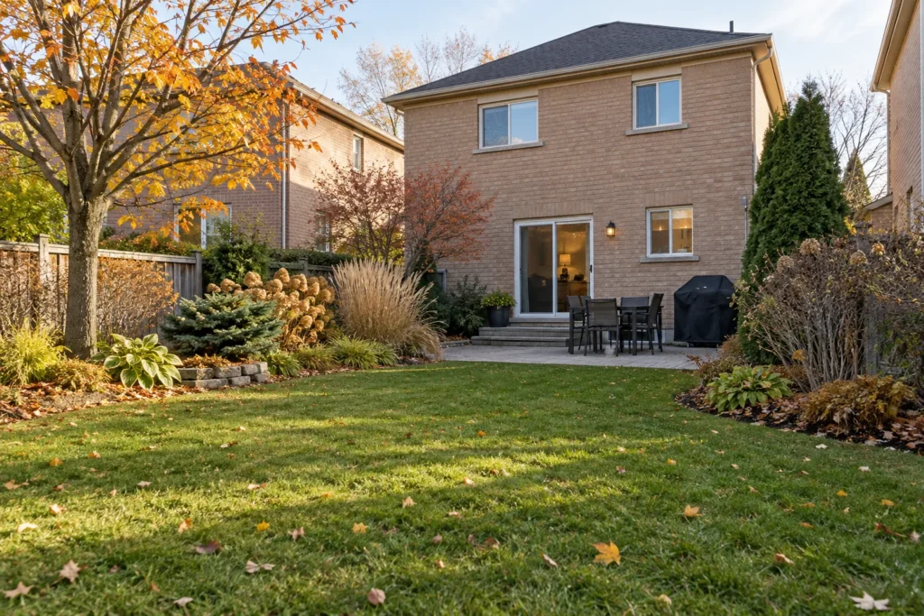 Clean rear lawn framed by shrubs, standing grasses and autumn seed heads beside a tan-brick house.