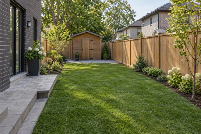 Fresh sod in a compact fenced backyard with a timber shed