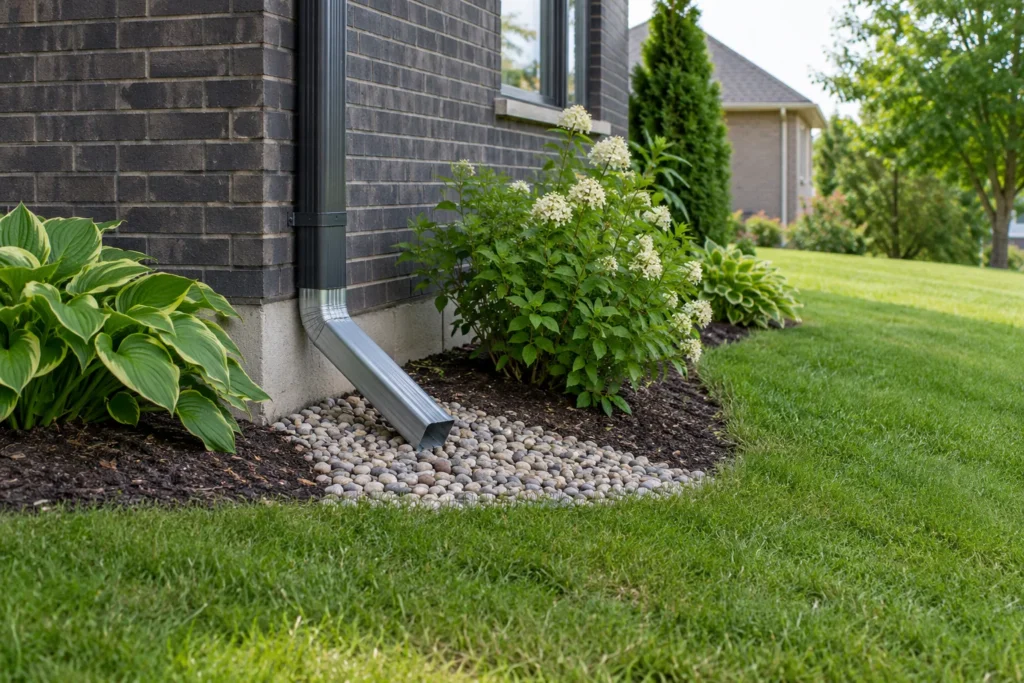 Metal downspout extension ending over a gravel splash pad