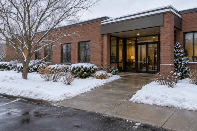 Office entry with modest treated walkway