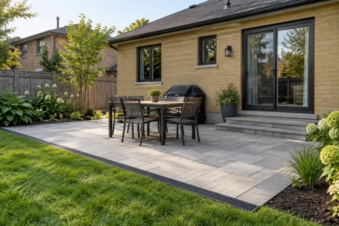 Flush channel-drain grate along a stone patio border