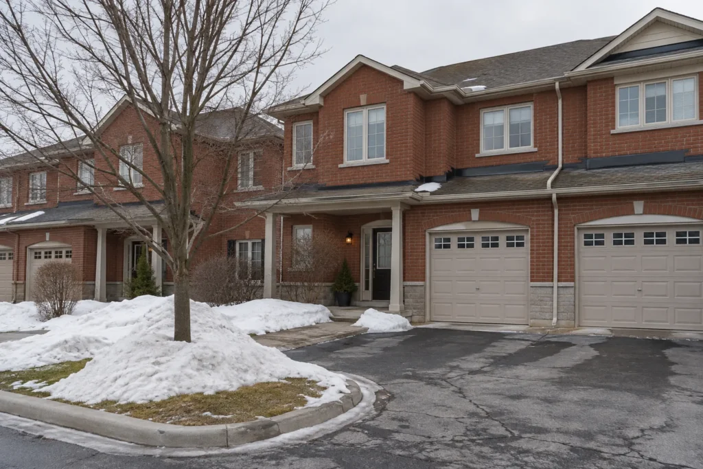 Townhouse shared drive with snow stored on a grass island