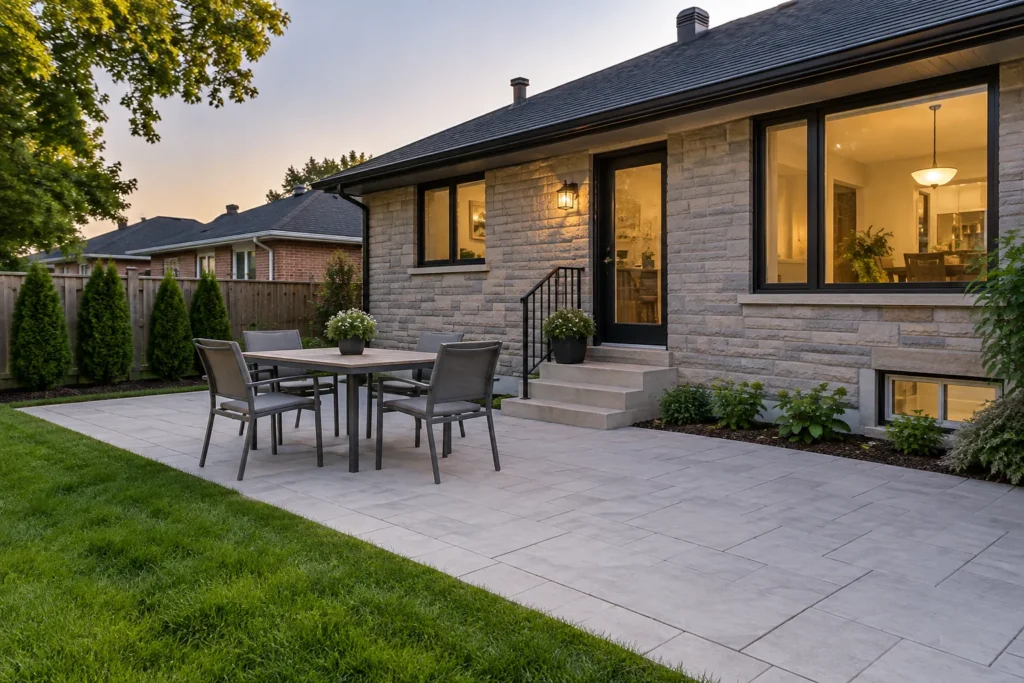 Dining chairs beside a clear patio route from a bungalow rear door to the lawn