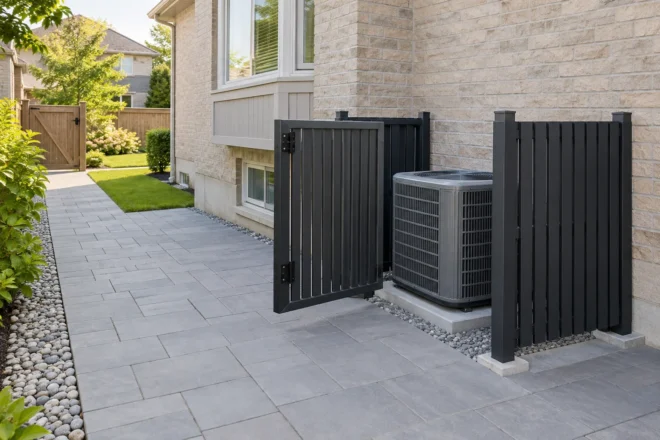 Charcoal slatted utility enclosure with open service gate beside a paved side path