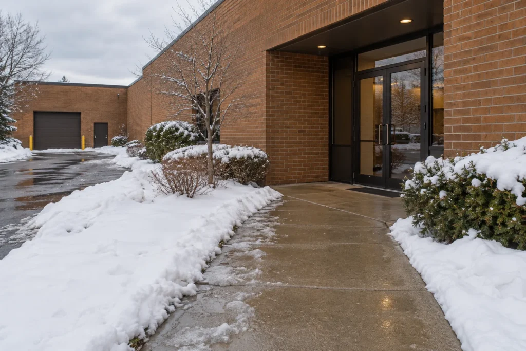 Meltwater on a commercial entry path before refreeze
