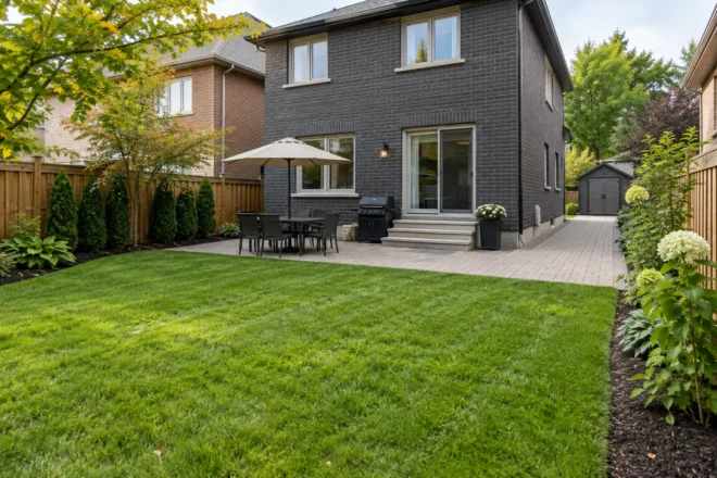 Modest yard with clean lawn-to-patio edges