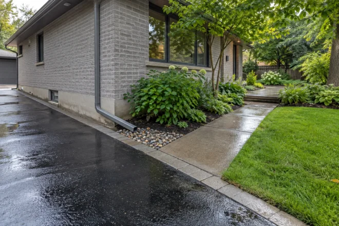 Roof-water outlet beside a wet driveway and clear pedestrian path