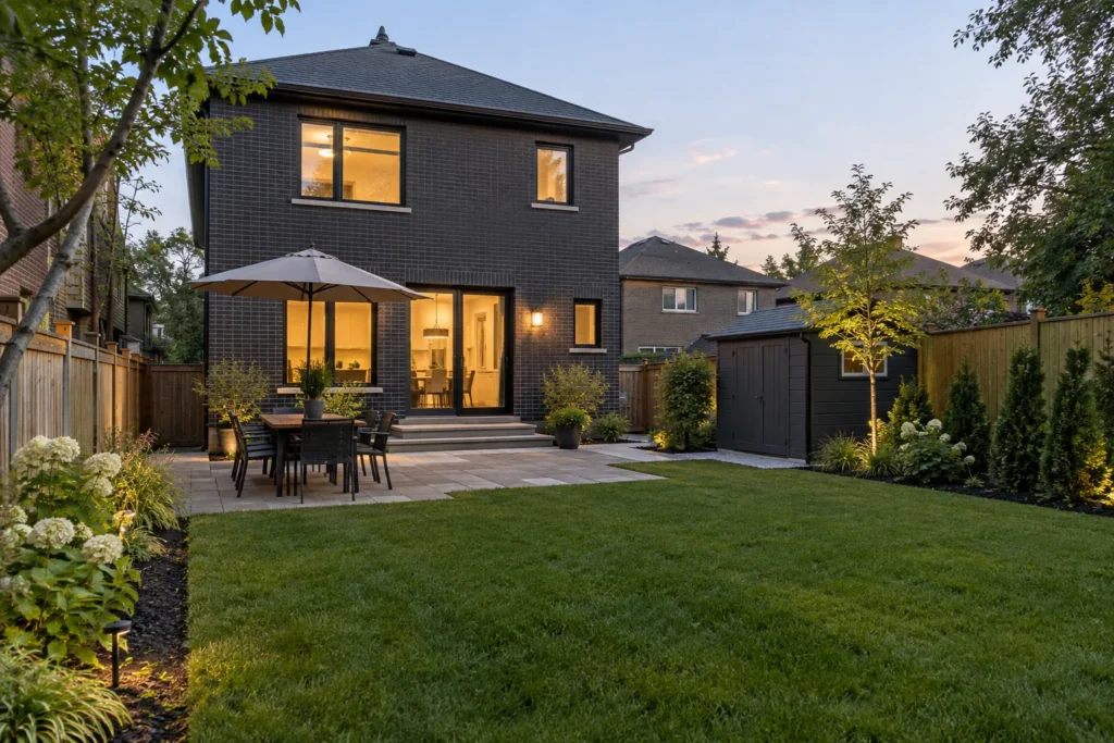 Family lawn and dining patio with access to a backyard storage shed