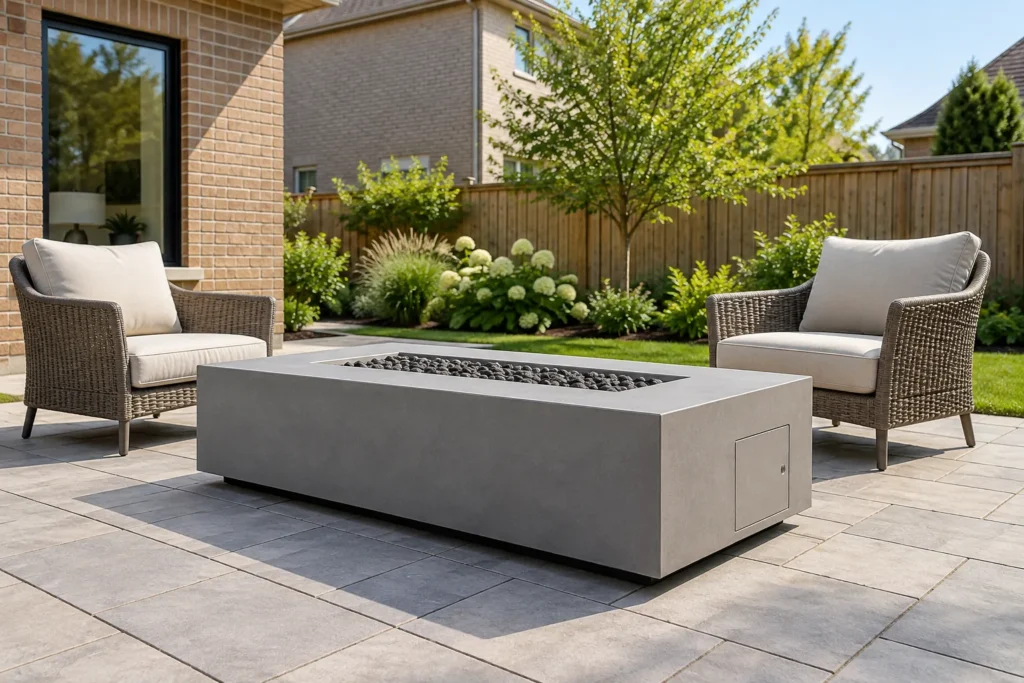 Unlit gas fire table with a closed side panel on a paved backyard lounge terrace.