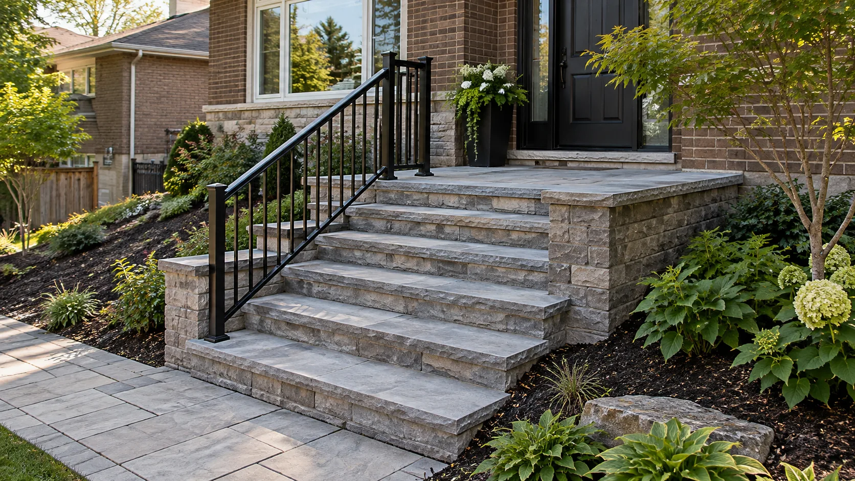 Stone entry steps with a black handrail and broad landing beside a sloped front garden.