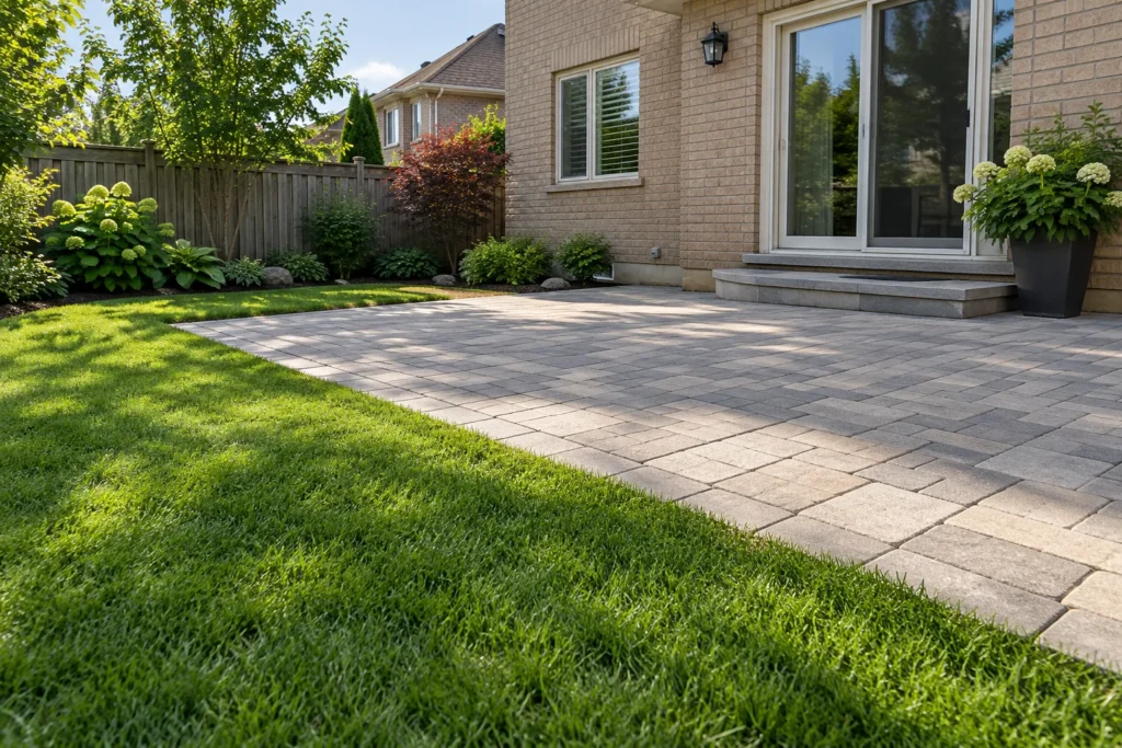 Flush interlock terrace edge joining green lawn beside a beige-brick house