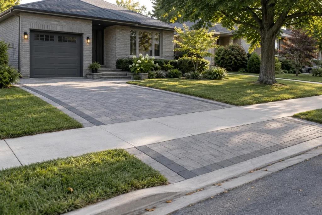 Grey paver driveway crossing a continuous concrete sidewalk at a grey-brick bungalow