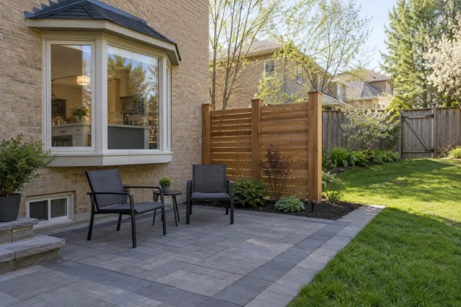 Cedar screen beside a two-chair rear patio and gently rising lawn