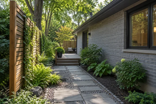 A narrow property using vertical structure without crowded plants