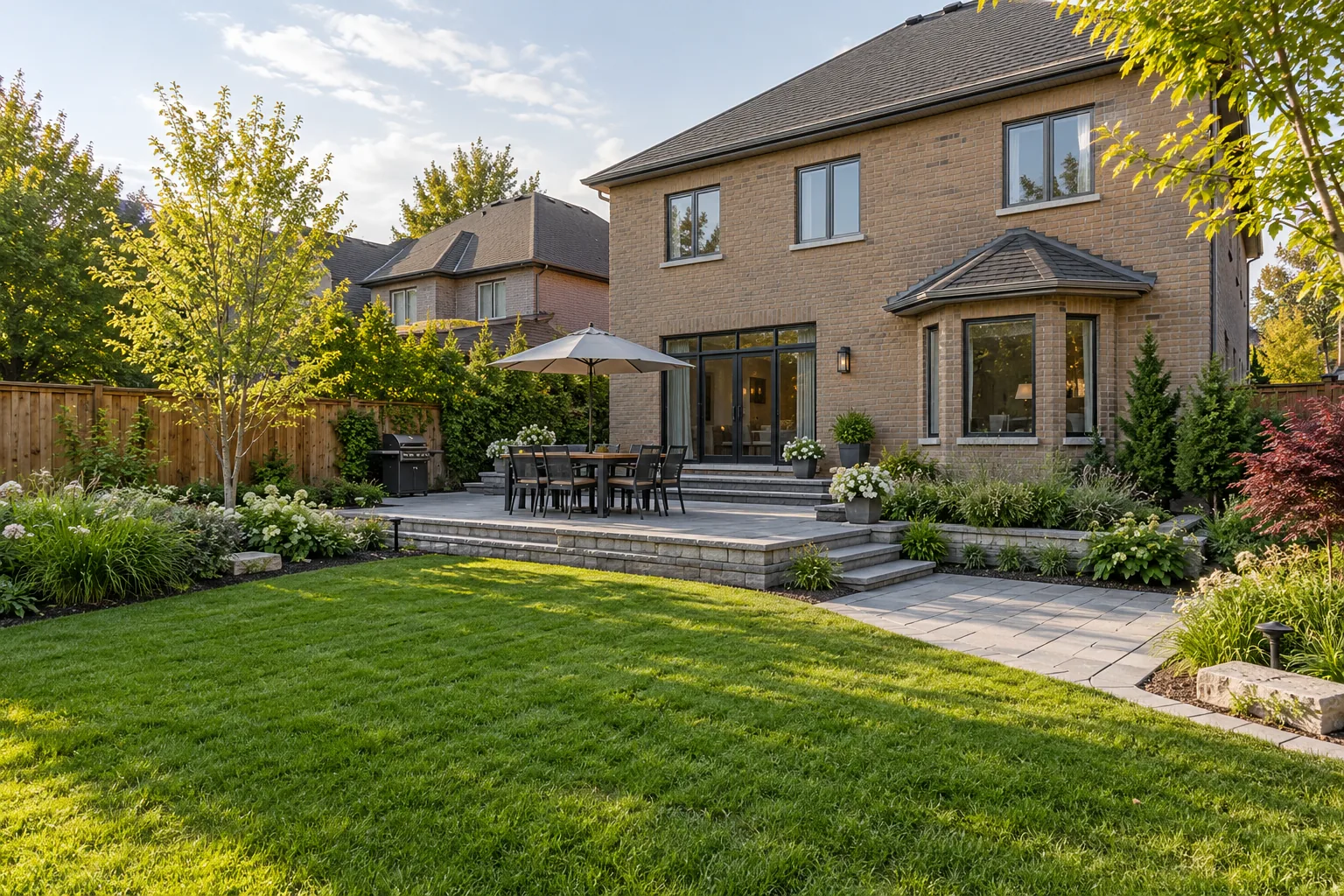Lawn, paver terrace and layered garden behind a tan-brick home