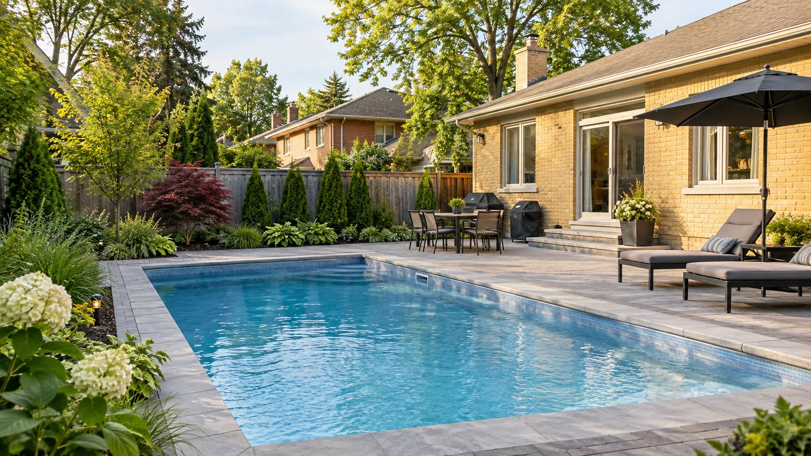 Ordinary residential pool landscape with practical paving and planted privacy