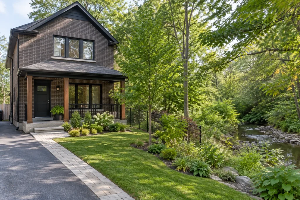 Private landscaping kept separate from a visible creek-bank landscape