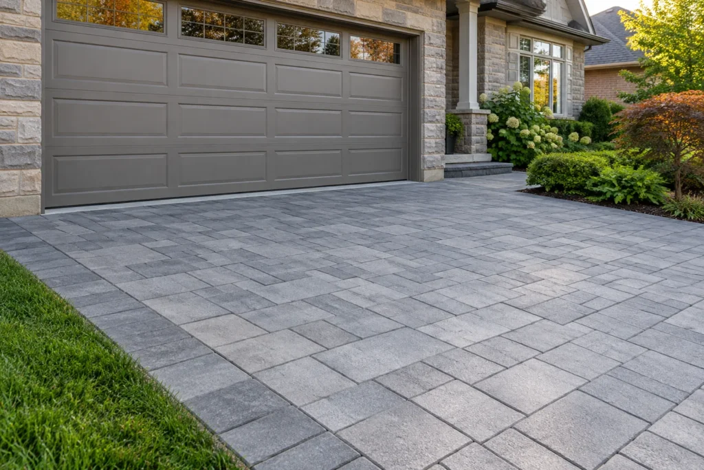 Grey interlock driveway joining a closed garage threshold and front entrance