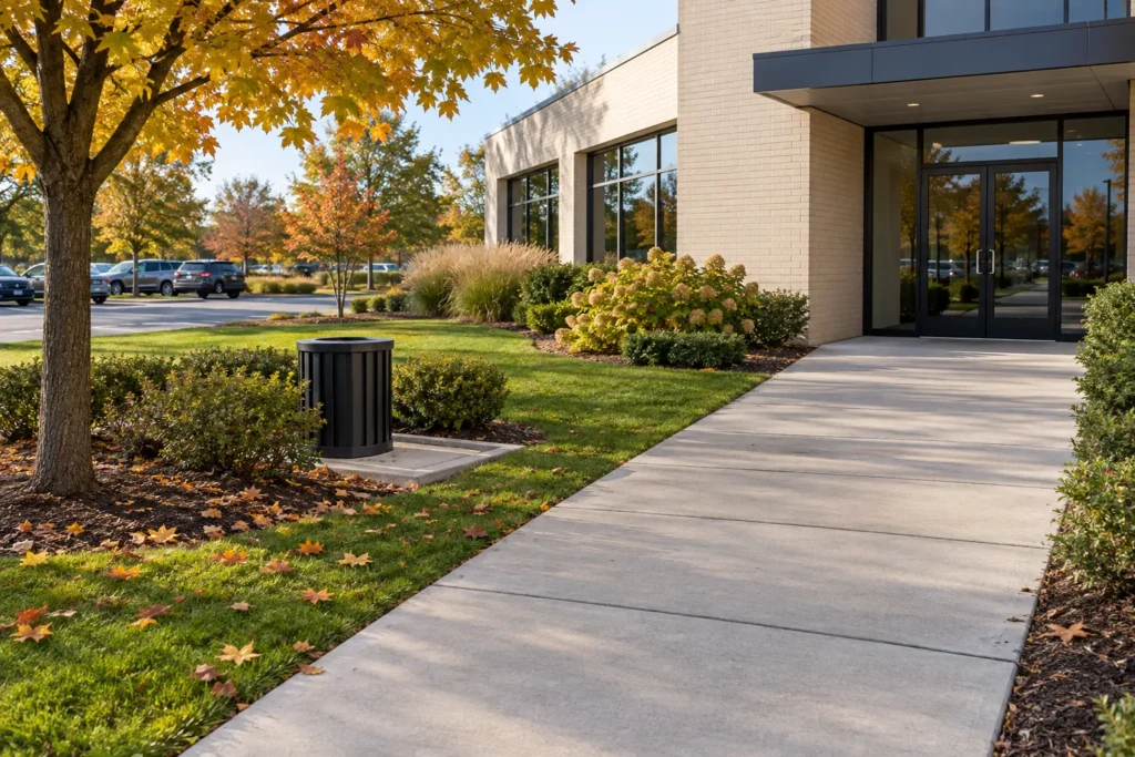 Clean office entrance walkway with a waste bin set outside the route and autumn planting nearby.