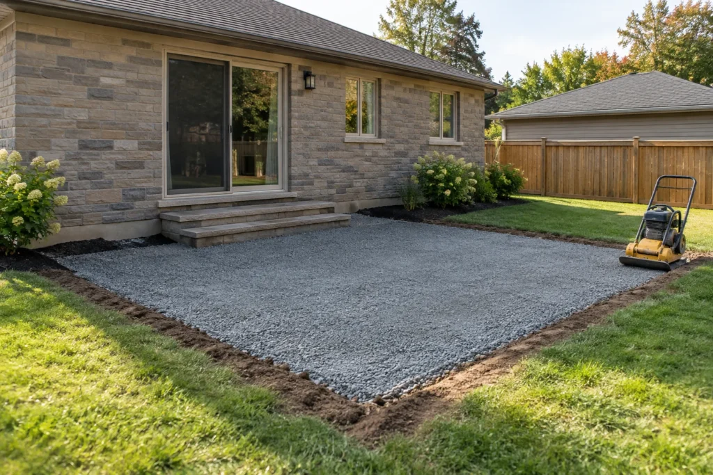 Orderly compacted aggregate base below a planned patio